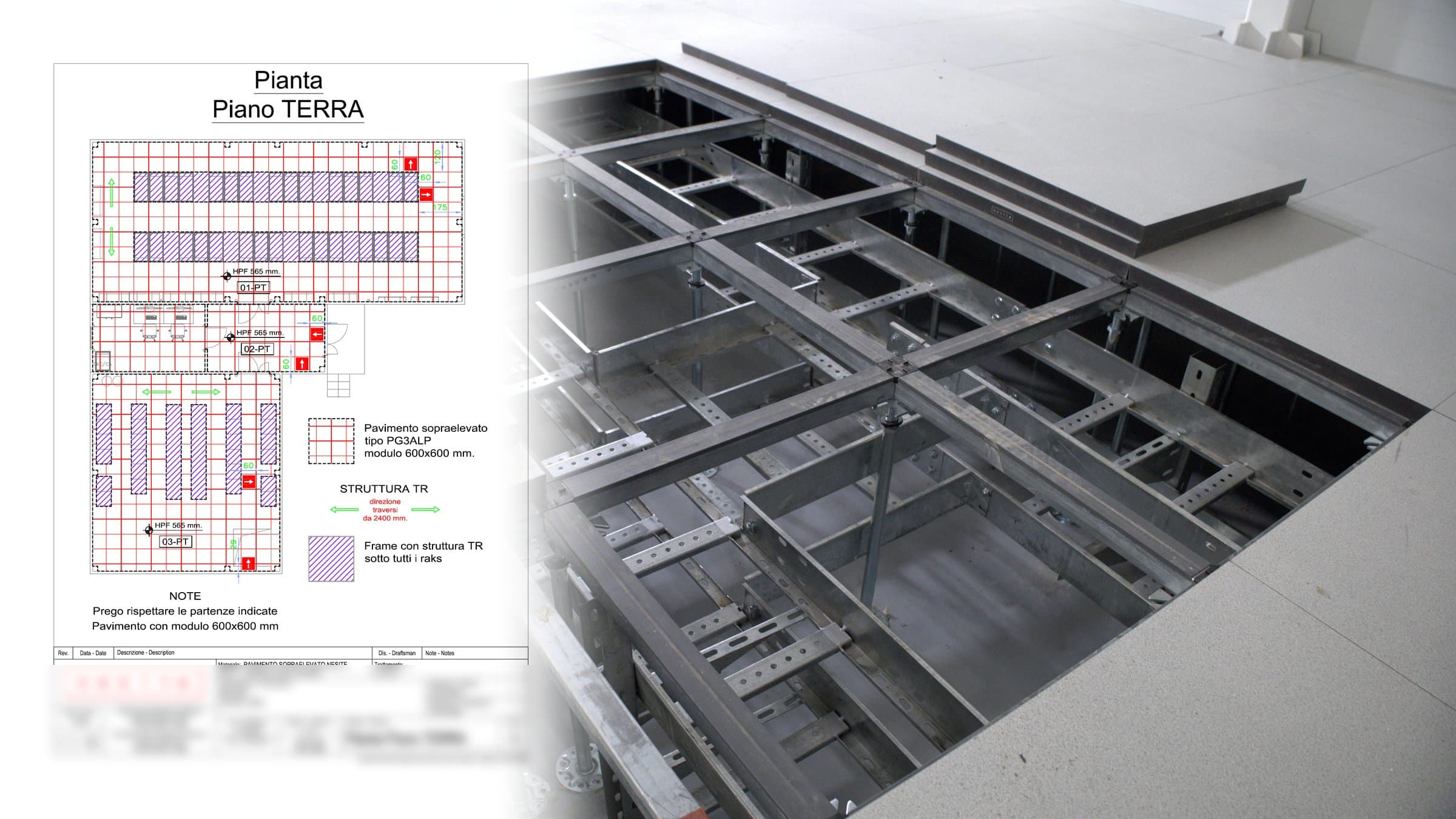 Raised access floor design for the Aktau server room — panel layout grid and the built TR stringer structure